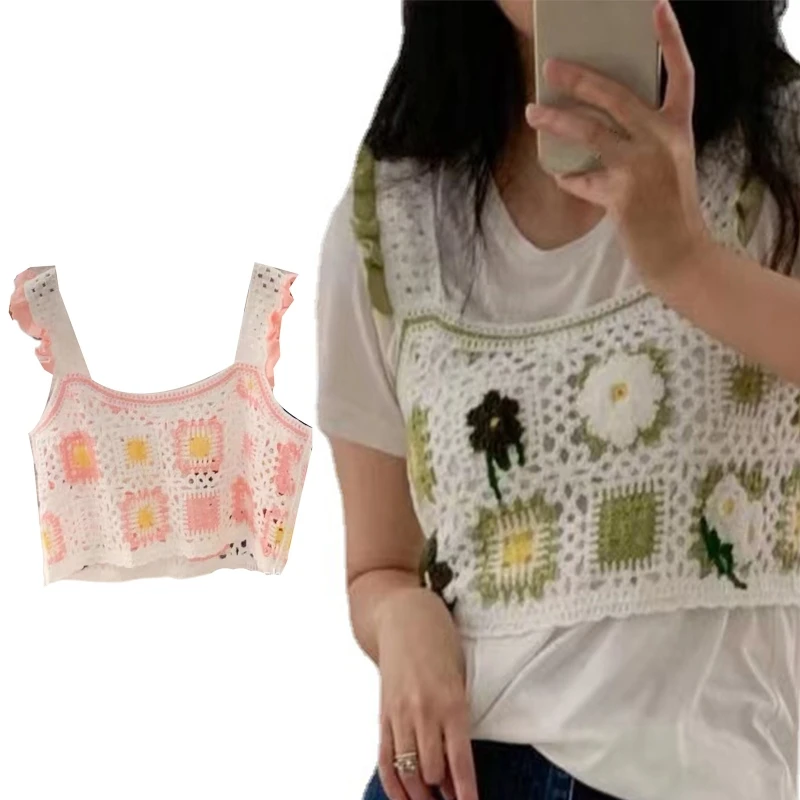 

Милая Трикотажная майка MXMB для женщин, универсальные Короткие топы без рукавов, топы для девочек, Короткие топы с вязаным крючком и оборками...