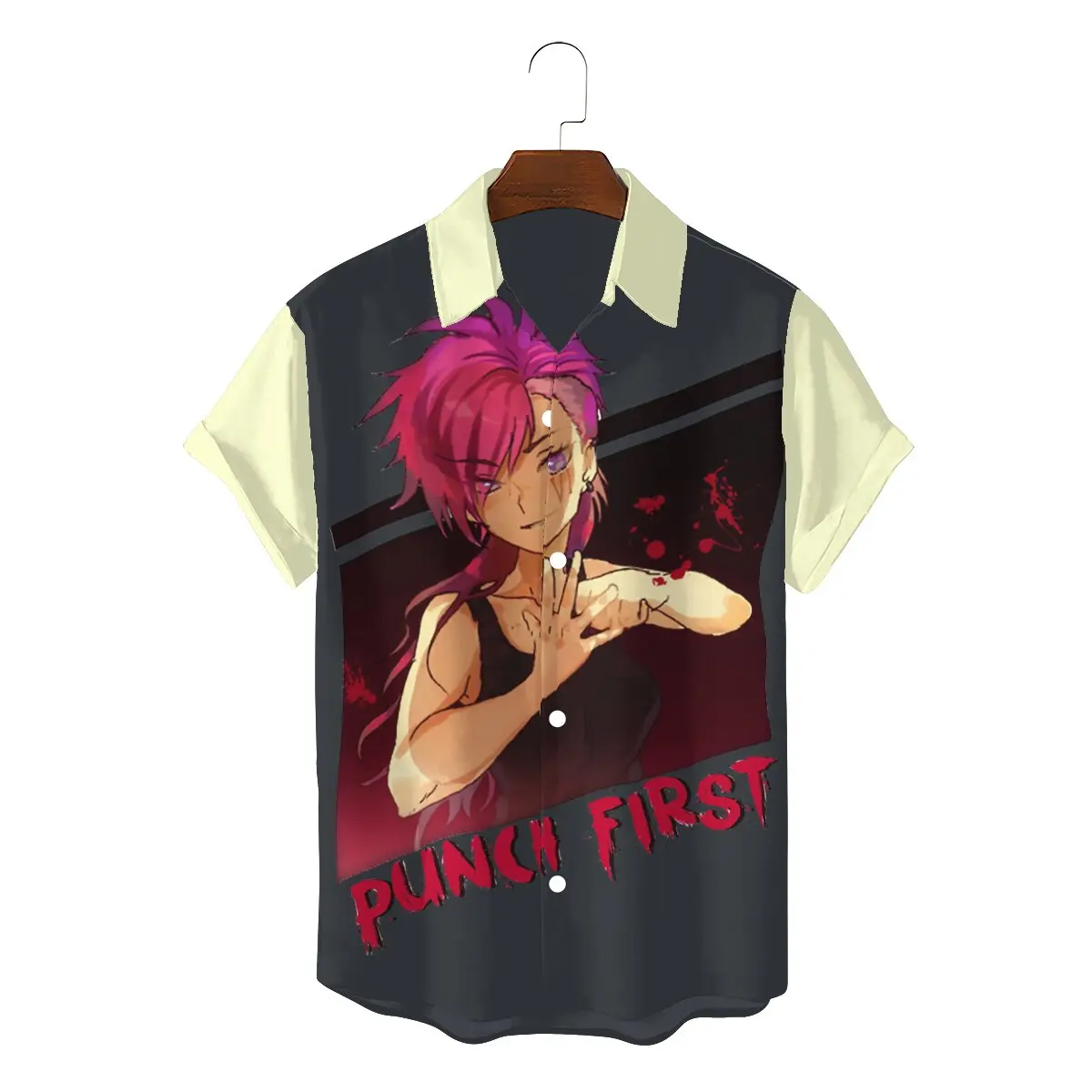 

Punch First The Piltover Enforcer 2022 Men Funny Hawaii Shirts Arcane League of Legends LOL Anime Short Sleeve Fabric 3D Shirt