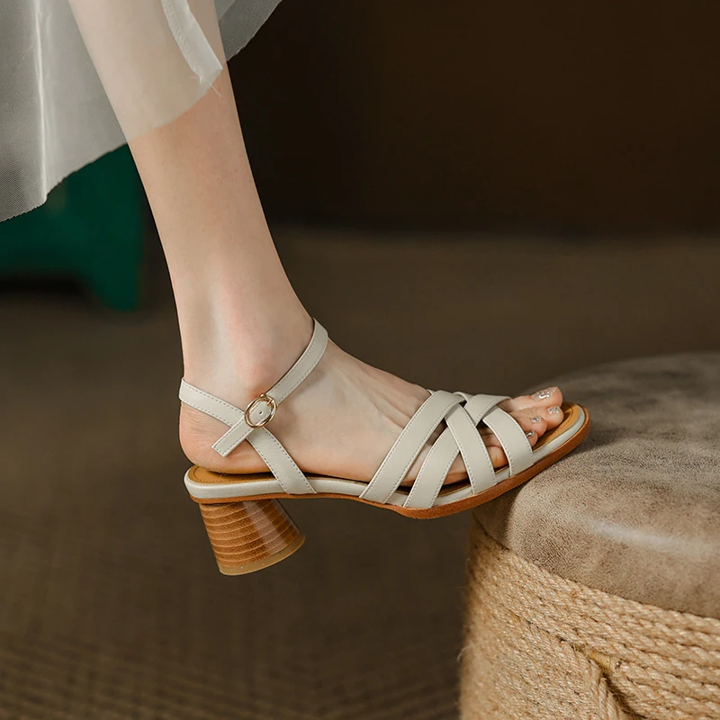 QUTAA 2022 Square Med Heel Elegant Female Sandals Ankle Strap Genuine Leather Peep Toe Summer Women Shoes Big Size 34-39