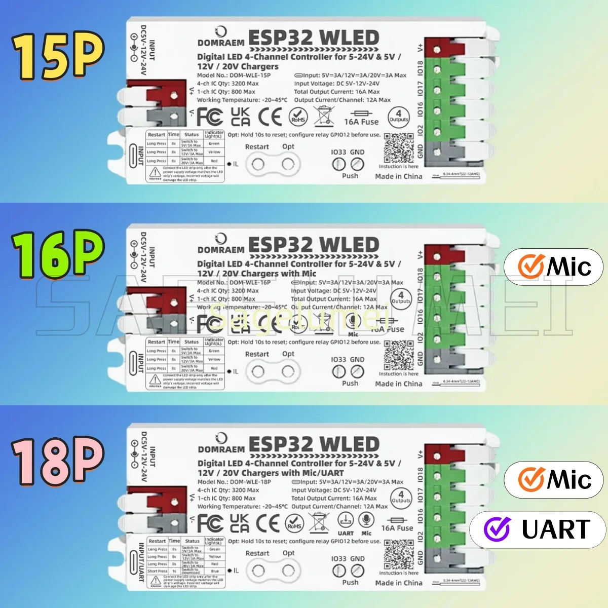 Фото Контроллер DOMRAEM ESP32 WLED, звуковой реактивный микрофон, 4 выхода, 16 А, предохранитель PD 5 В/12 В/20 В постоянного тока 5-24 В для WS281X SK6812 APA102 Pixel Light №3