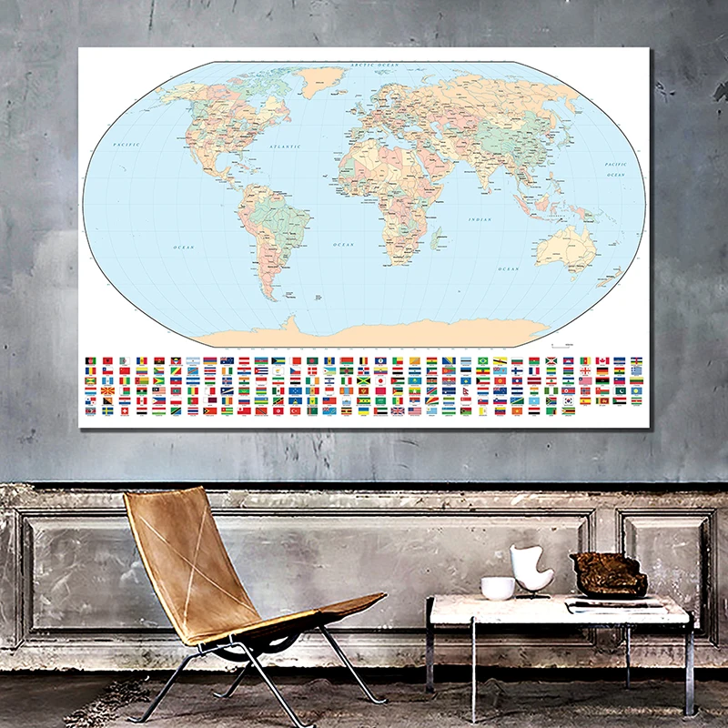 

59*42cm Map of The World Wall Decorative Maps with National Flags Unframed Canvas Painting Home Decor School Teaching Supplies