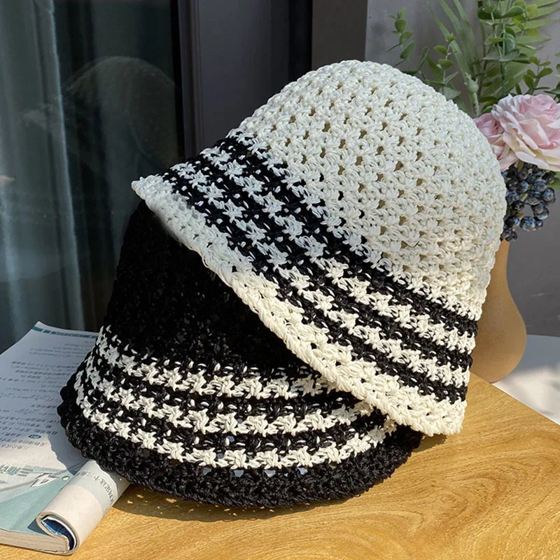 

Панама женская трикотажная дышащая в полоску, модная шапка от солнца, с защитой от солнца, Пляжная шапка с вырезами, лето