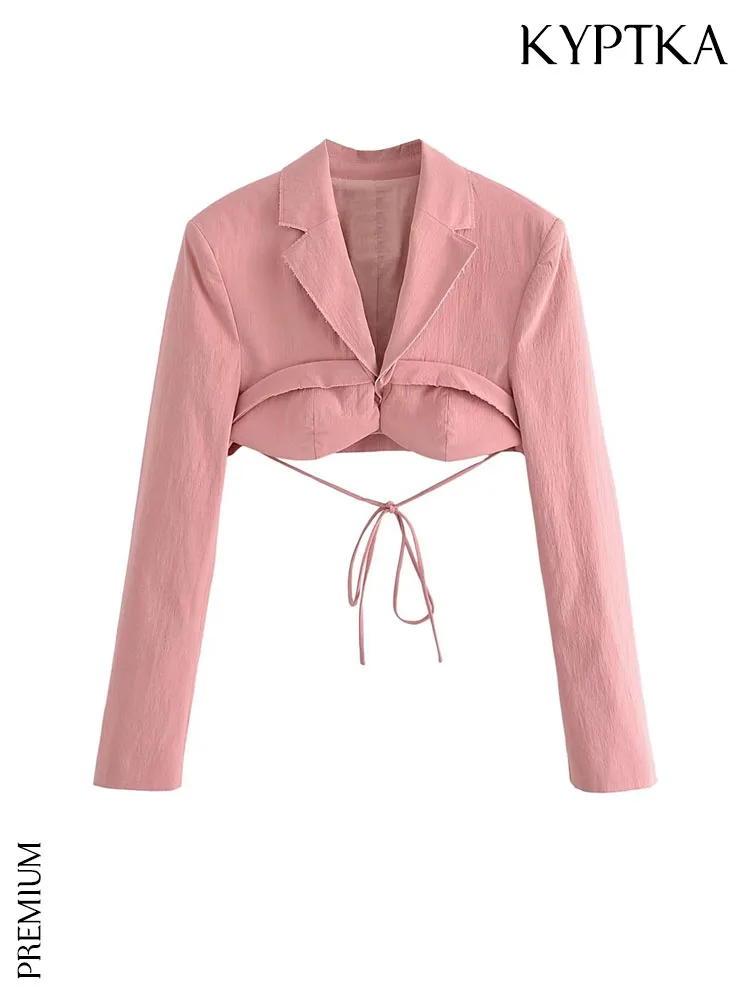 

KYPTKA Women Fashion With Drawstring Tied Cropped Blazer Coat Vintage Long Sleeve Front Hook Female Outerwear Chic Tops