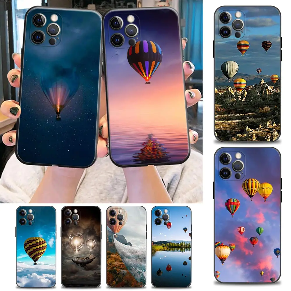 

Cute Hot Air Balloon Phone Case for iPhone 11 12 13 Pro Max 7 8 SE XR XS Max 5 5s 6 6s Plus Black Soft Case Cover