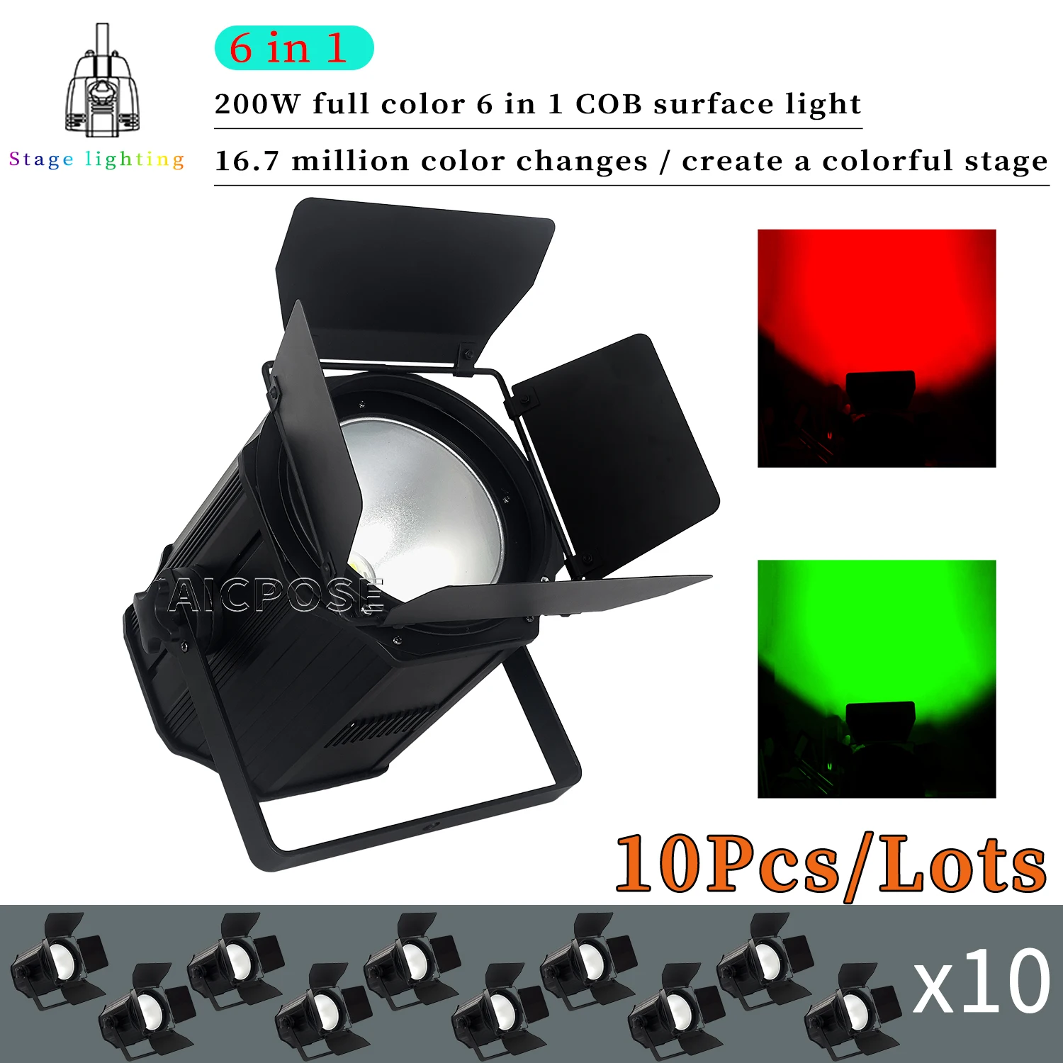 

10Pcs/Lots 200W COB Audience Light RGBW 4 in 1/RGBWA UV 6 in 1 LED Stage Light DMX Control DJ Disco Equipment Lighting