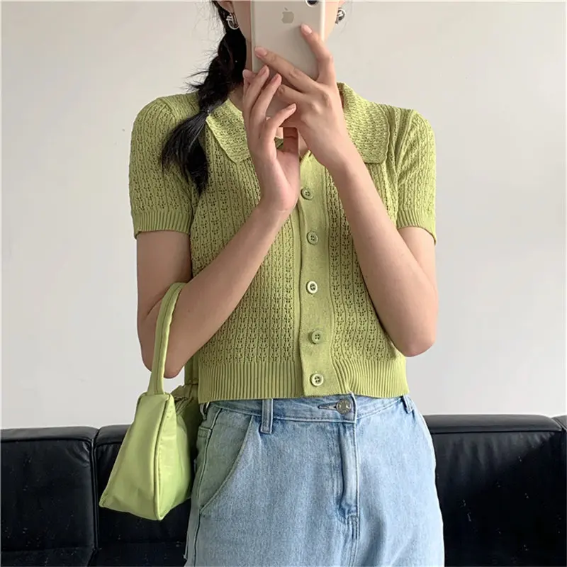 

Women 2021 Lapel Hollow Out Short Sleeves Knitted All-Match Solid Fashion Casual Elastic Chic Basic Short Sweaters Streetwear