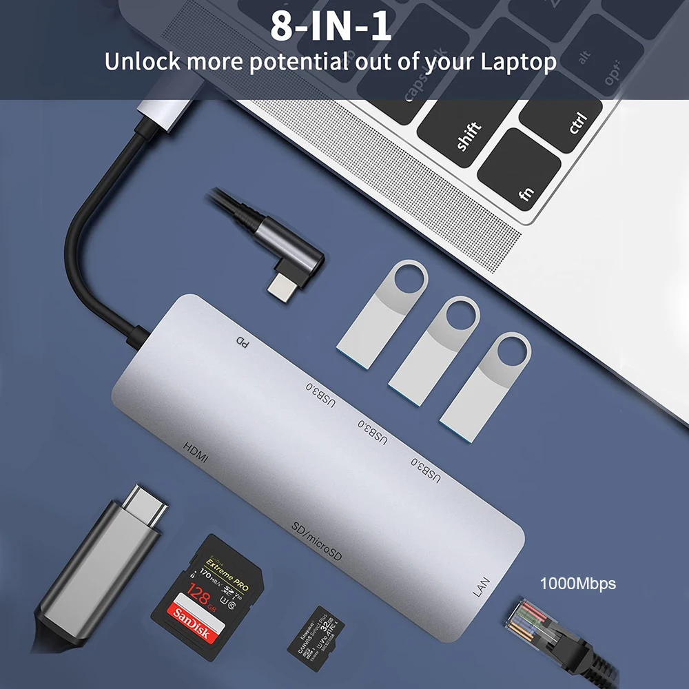 

USB C Hub 8 In 1 Type C Adapter with Gigabit Ethernet 4K HDMI SD/TF Thunderbolt 3 PD USB3.0 Splitter for Macbook Pro/Air Laptops