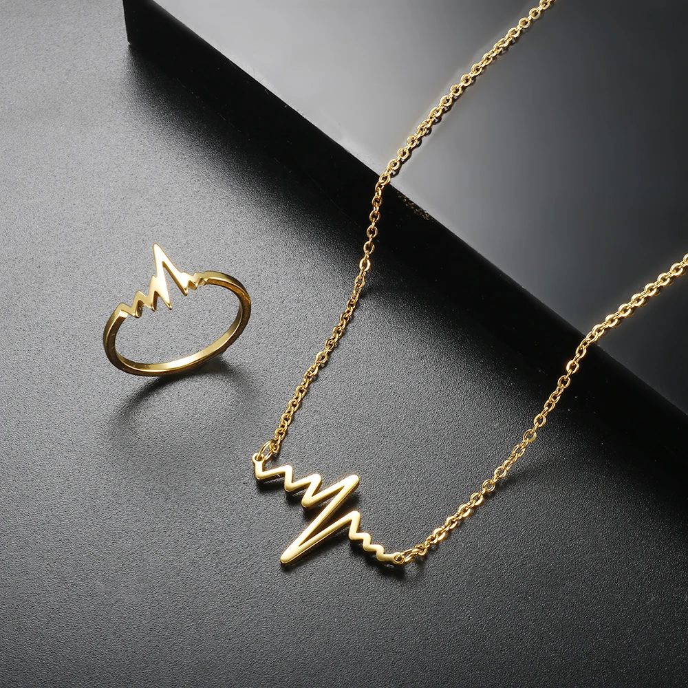 

Wavy Texture Pendant Necklace Heartbeat Finger Ring For Women 18 K Gold Plated Stainless Steel Jewelry Set Geometric Party Gifts