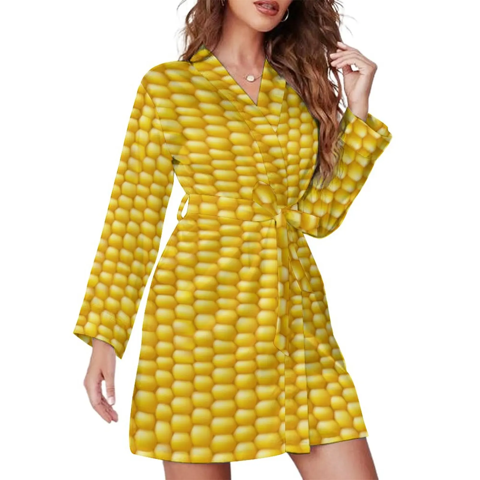 

Farm Ranch Pajama Robe Women Corn Cob Print Aesthetic Sleepwear Long Sleeve V Neck Print Pajamas Robes Autumn Retro Dress