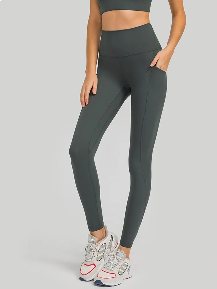 Women Sports Pants Tights High Waist Yoga Leggings Peach Side Pocket Gym Fintess Workout Trousers Comprehensive Training Jogging