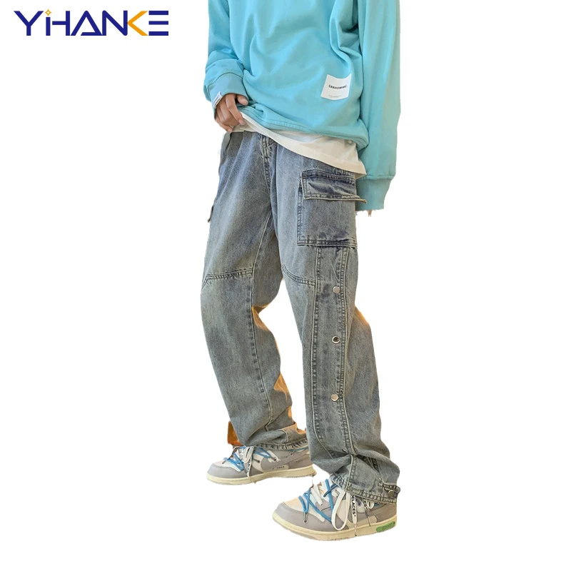YIHANKE Washed Splicing Jeans Men's Straight Pants Multi Pocket Loose Jeans Solid Color Hip Hop Street Men's Pantalones Hombre