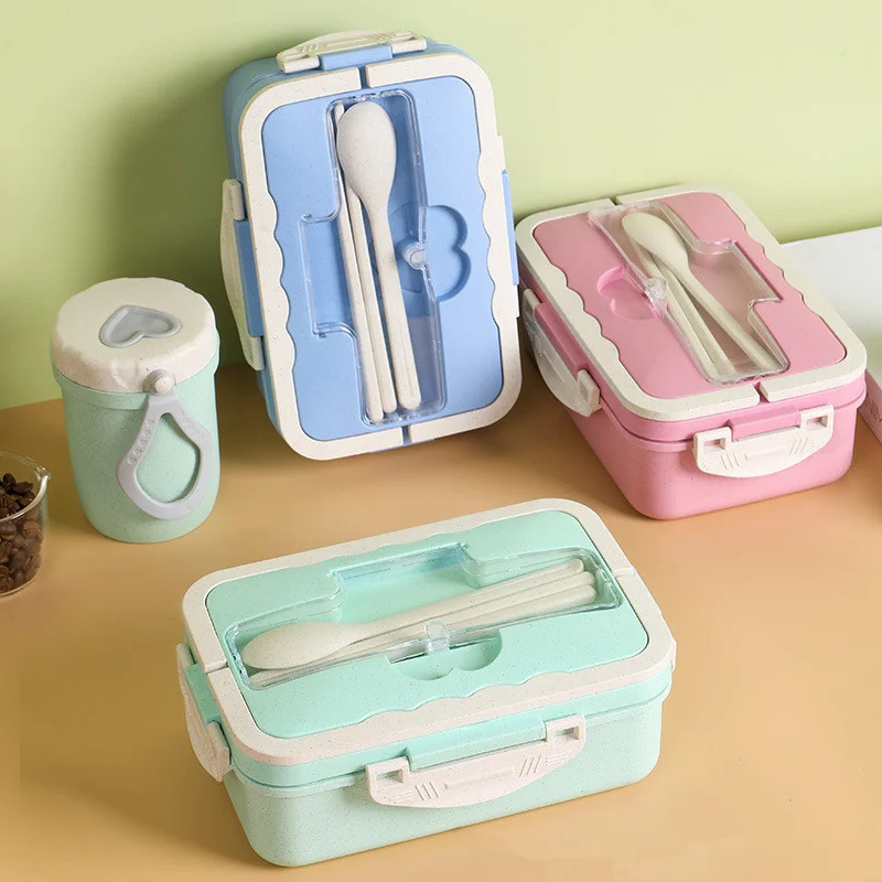 

Wheat Straw Lunch Box Microwavable Leakproof Three Grids Food Storage Container with Chopsticks Spoons For Kids Bento Boxes