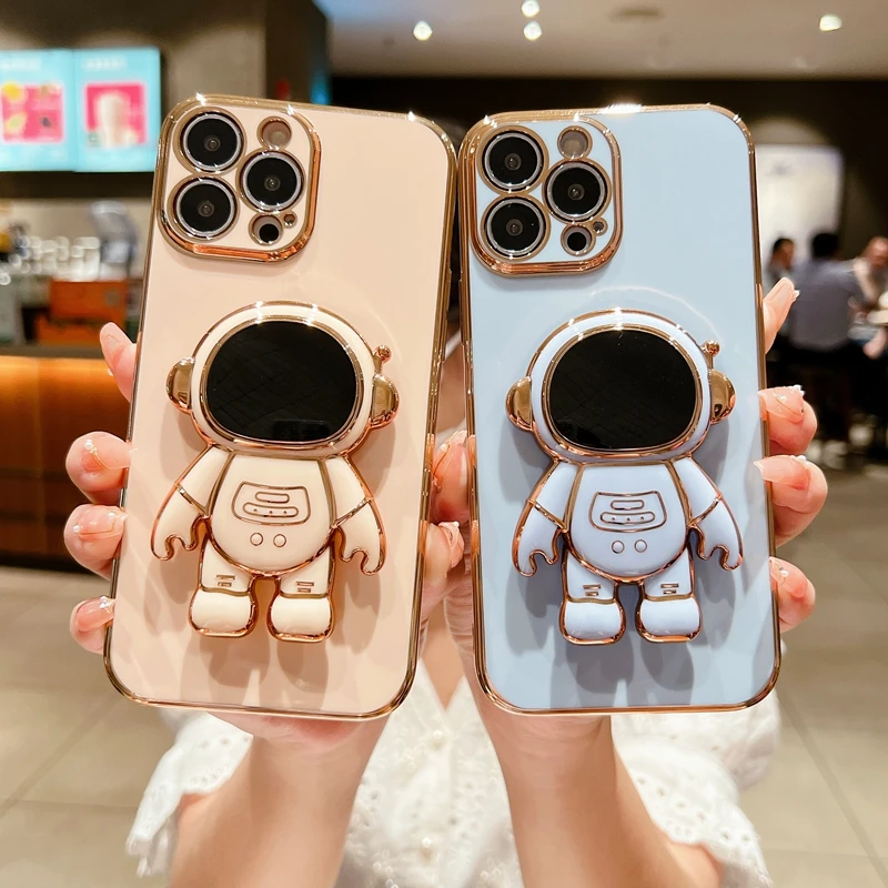 

Luxury Astronaut Electroplated Case For iPhone 11 12 13 14 Pro Max XS X XR 7 8 Plus Kickstand Candy Cases Cover