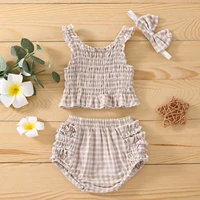 baby girl summer clothes set plaid pattern smocking top bloomers headband 3pcs outfits suit