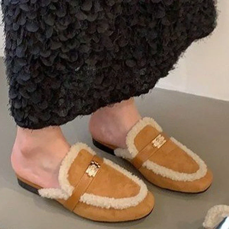 

Shallow Flats Women Home Slippers Fur Fashion Warm Winter Designer Mules Shoes 2024 New Walking Comfortable Casual Female Botas