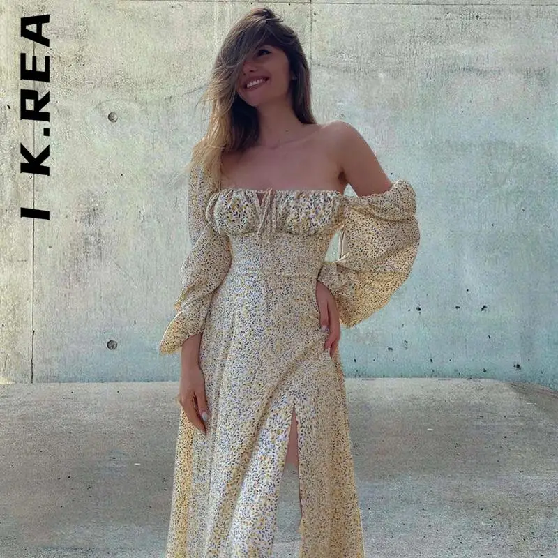 Женское платье макси с длинным рукавом рюшами и разрезом на завязках |