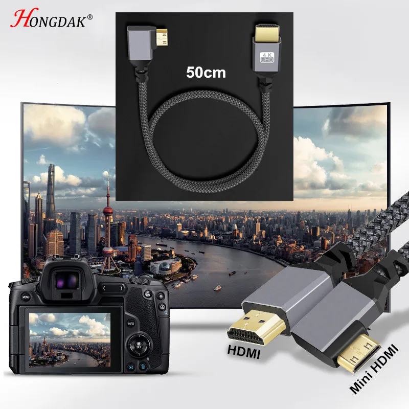 

50 см Mini HDMI-HDMI кабель 4K UHD аудио-видео адаптер Кабели для фотоаппаратов 90 градусов HDMI разветвитель