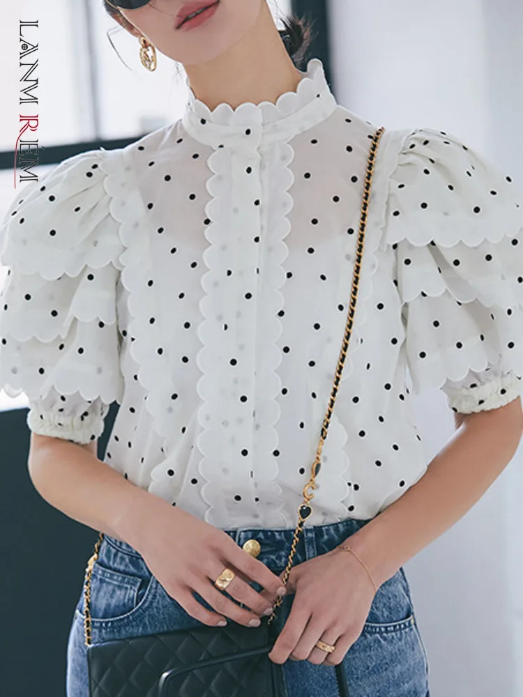 

LANMREM Women Shirt Fashion Printed Stand Collar Puff Sleeves Single Breasted Slim Tops Female Clothing 2023 Summer New 2YA1915