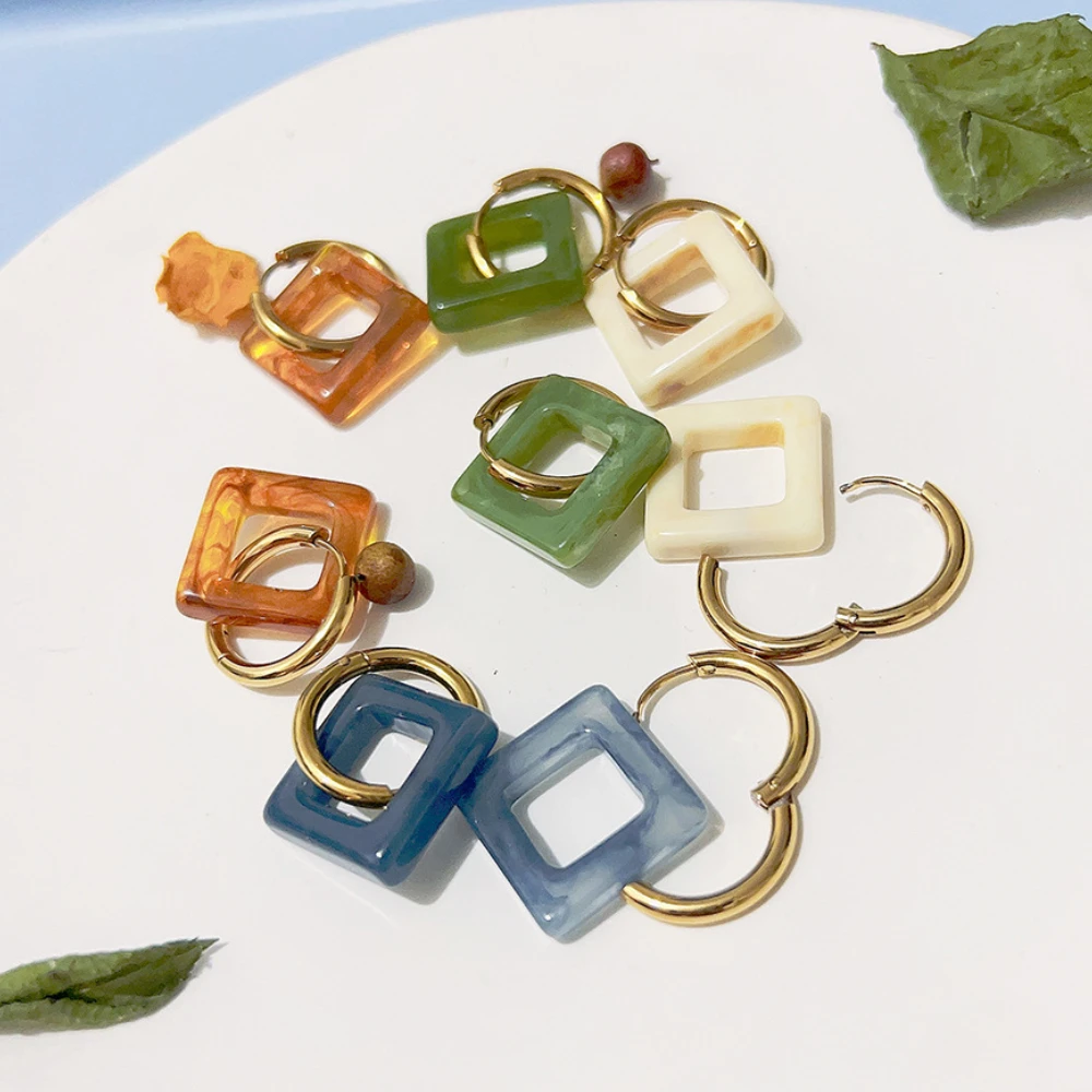 

Boho Geometric Square Acrylic Stainless Steel Hoops Statement Gold Color Ear Buckle Korean Earrings Jewelry for Women