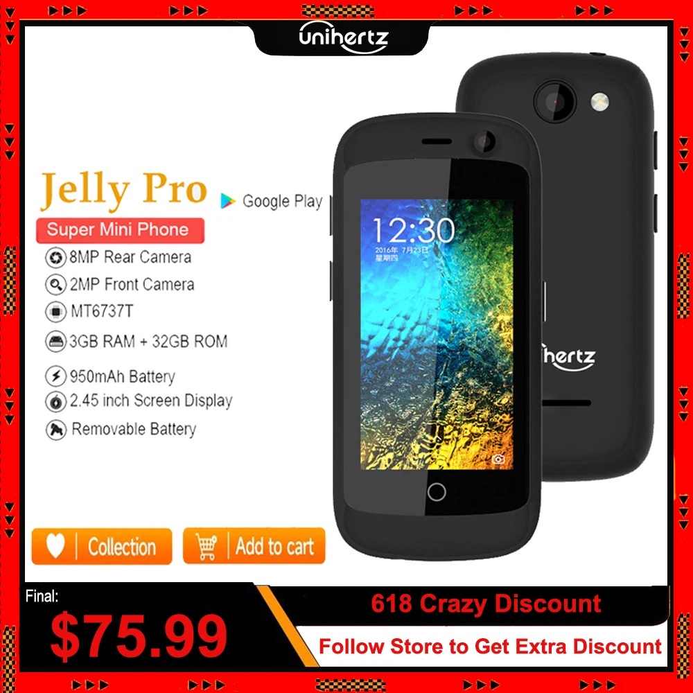 Unihertz Jelly Pro Quad Core Mini Smartphone 4G Android 8.1 3GB 32GB Mobile Phone 2MP 8MP 2.4