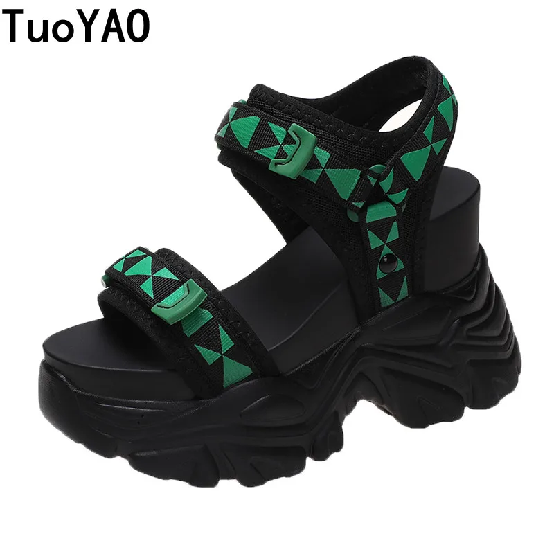 

New Chunky Platform Sandals Women 2022 High Heels Sexy Open-toed Sandals Wedge Green Sneakers 10CM Ladies Beach Summer Sandalias