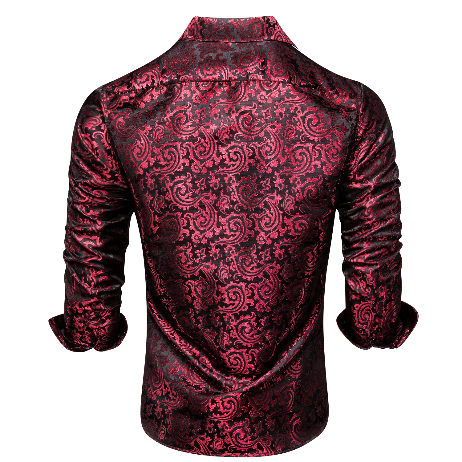Hi-Tie Brand Silk Mens Shirts Long Sleeve Lapel Red Burgundy Paisley Floral Shirt For Male Breathable High Quality Wedding Plus
