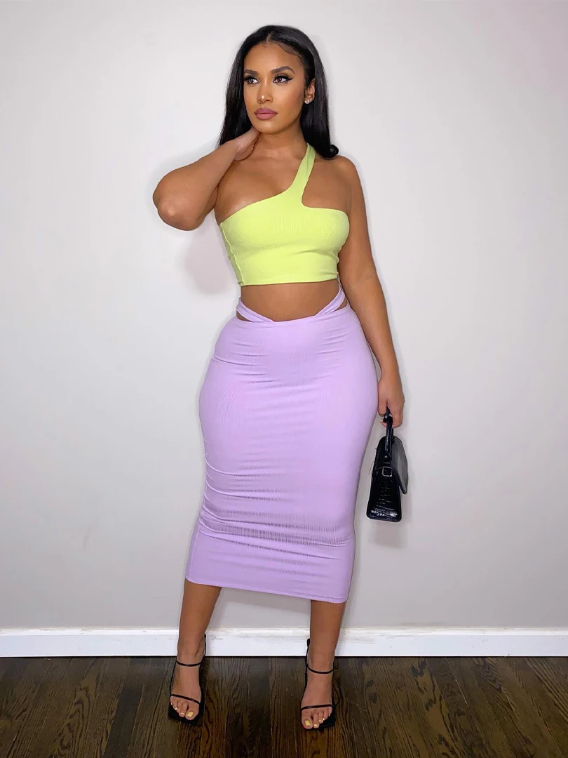 

Color Match Streetwear Two Piece Set Women Sexy One Shoulder POne Shoulder Sleeveless Crop Tank Tops with High Waist Long Skirts