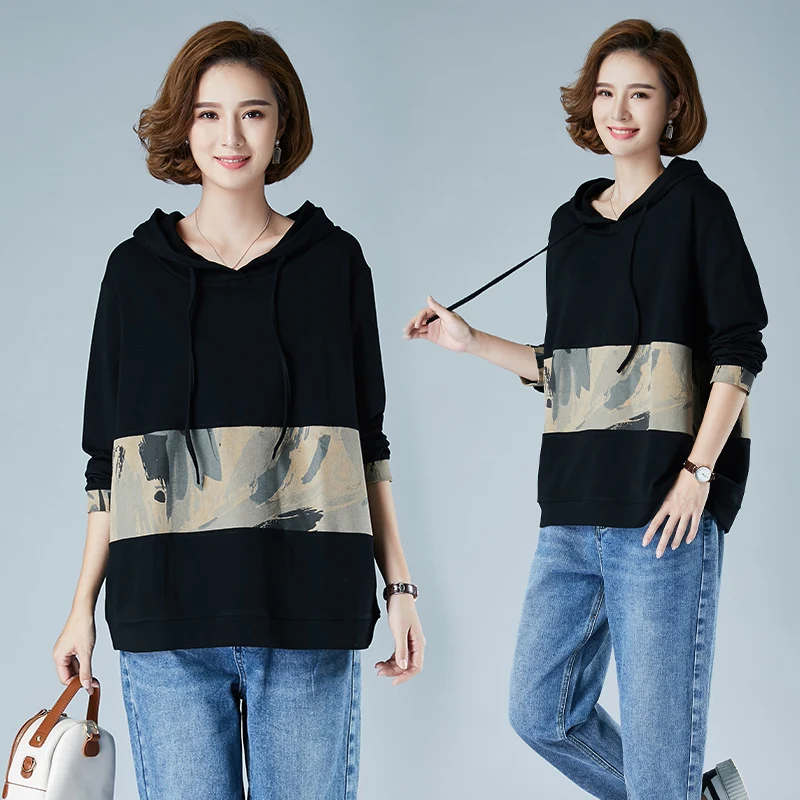 

Sweatshirts Ladies Tops Commute Long Sleeve Color Matching Korean Hooded Pullover Fashion Printing Tenafeicc