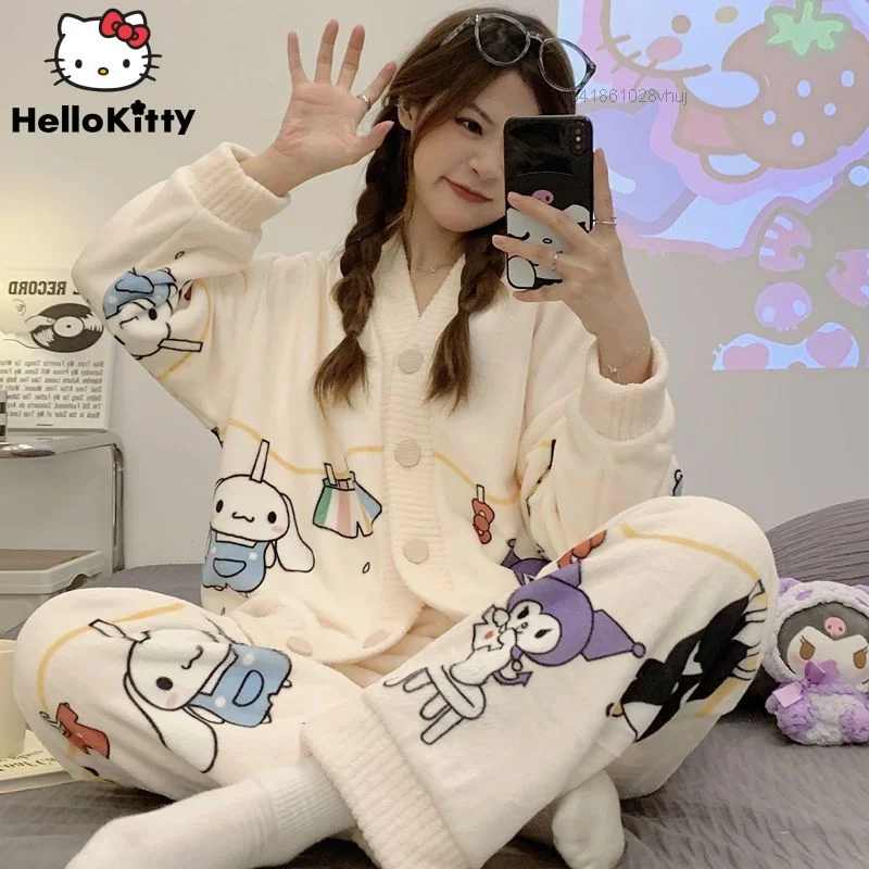 

Sanrio Cinnamoroll Kuromi Plush Pajamas Y2k Kawaii Disney Linabell Home Clothes Women Winter My Melody Velvet Thicken Sleepwear