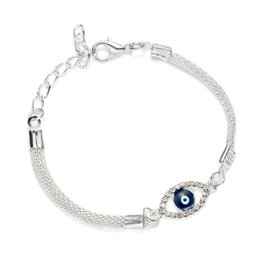 

Luxury Silver Plated CZ Crystal Blue Evil Eye Bracelet Turkish Lucky Hand Heart Butterfly Charm Bracelet for Women Men Jewelry