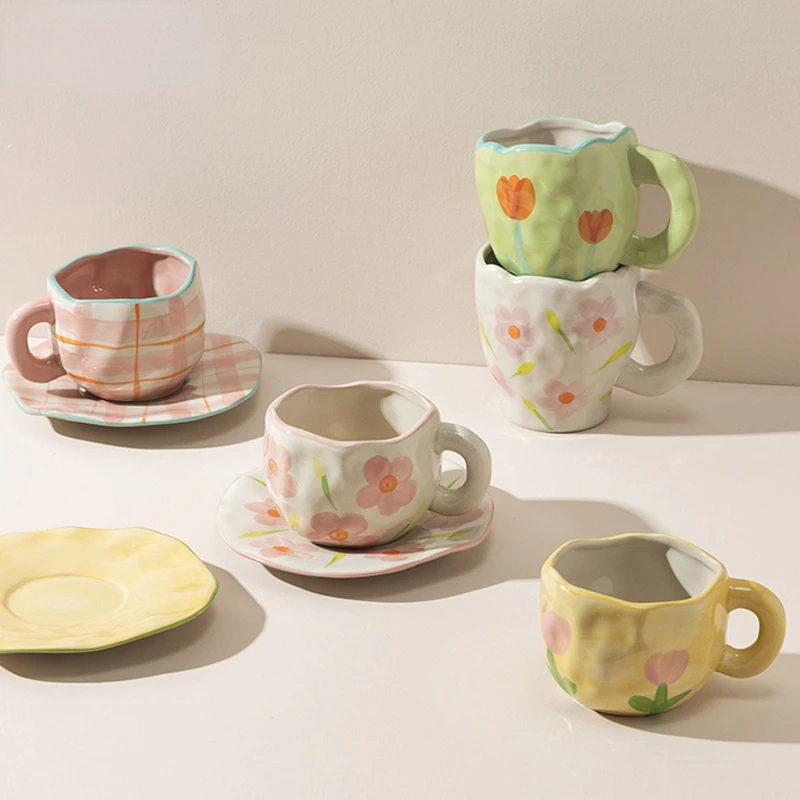 

Керамическая кофейная чашка ручной росписи с цветами, ручка для завтрака, молока, сока, чая, чашка в подарок, безопасная для микроволновой пе...