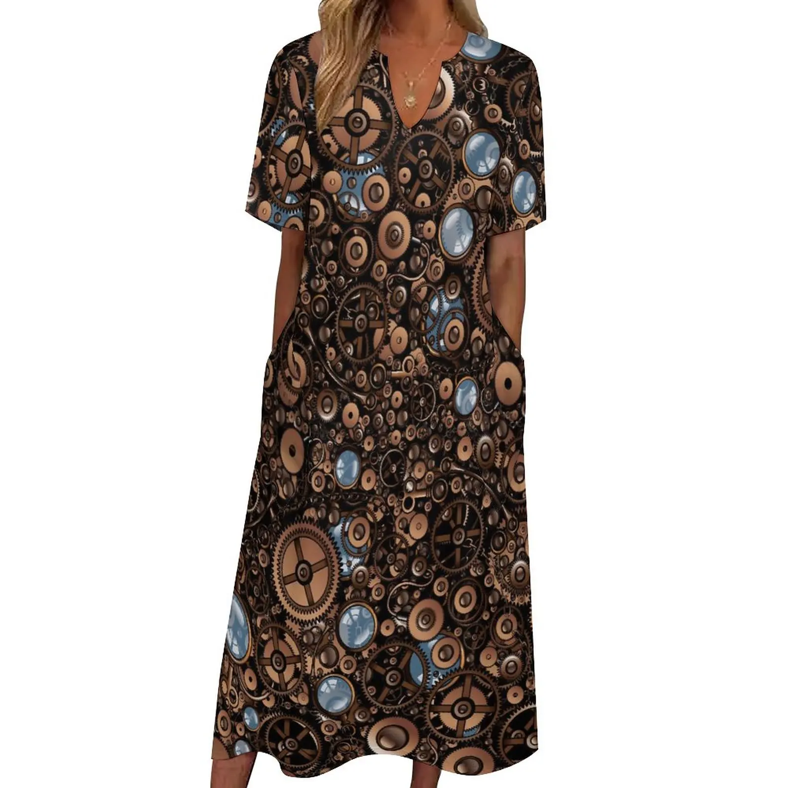 

Steampunk Gear Dress Summer Vintage Style Korean Fashion Bohemia Long Dresses Female Graphic Modern Maxi Dress Big Size 5XL