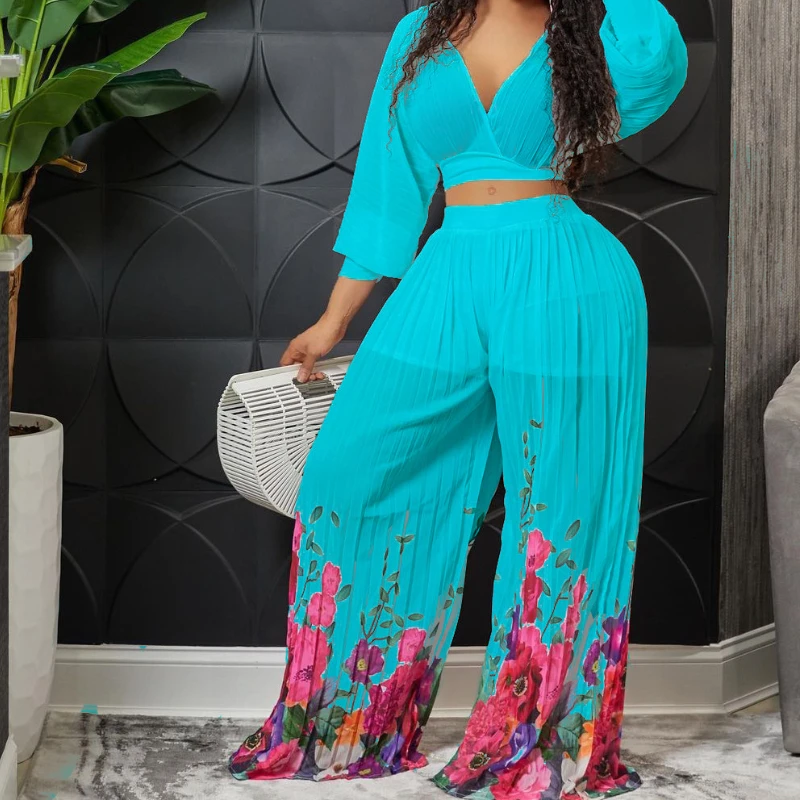 

Women Two Piece Elegant Loose Suits Long Sleeve V Neck Crop Top & Wide Leg Pleated Pants Set