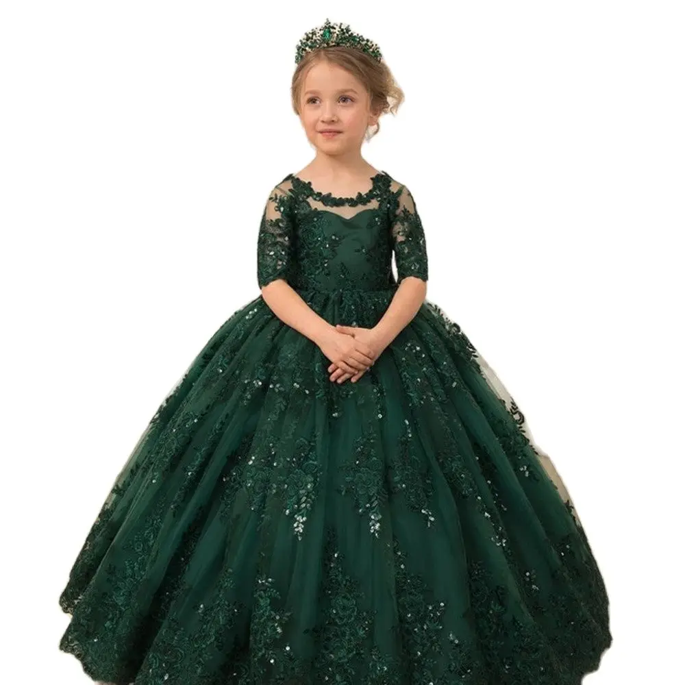 

Exquisite green Princess Flower Girl Dresses Appliques Bow Ball Gown Birthday Pageant Robe De Demoiselle First Communion