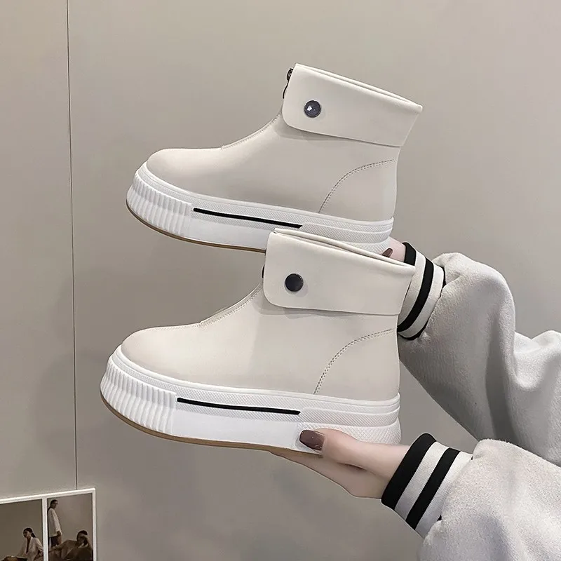 

Fashion Sneakers Women's Slip-on Pu Leather Wedge Mid-heel Ankle Boots Women's Round Toe Platform High Heels Casual Shoes New