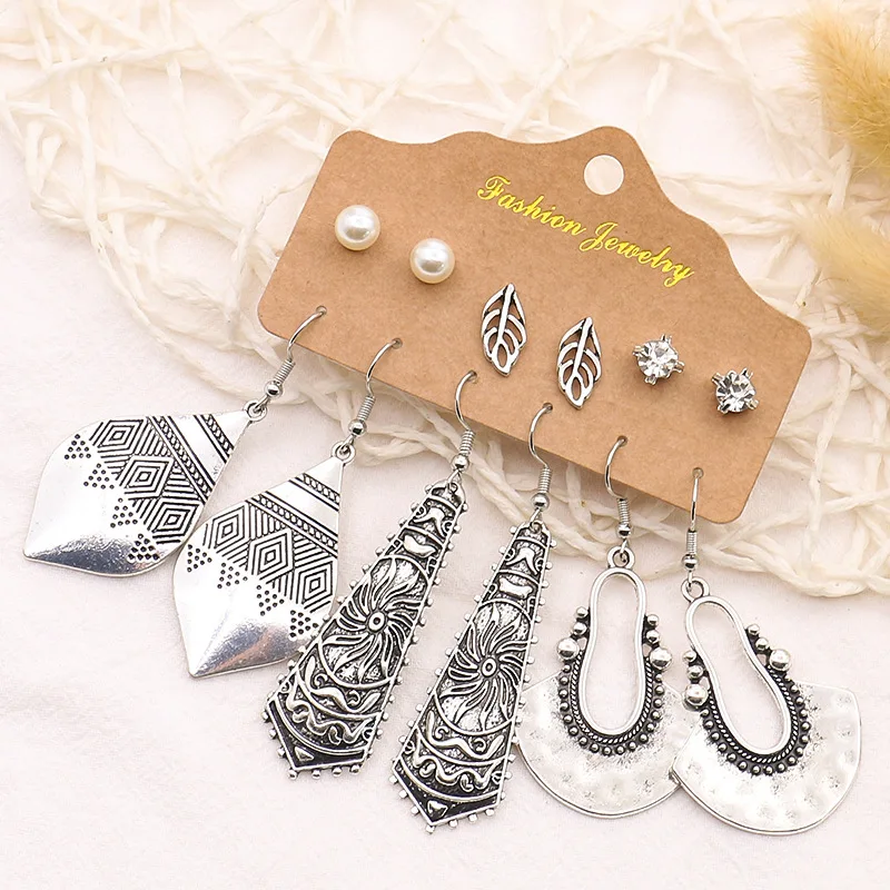 Набор серебряных серег-гвоздиков в стиле ретро 6 пар |