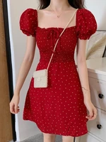 qweek 2022 summer polka dot red mini dress women casual puff sleeve short dresses korean fahsion square collar robes female