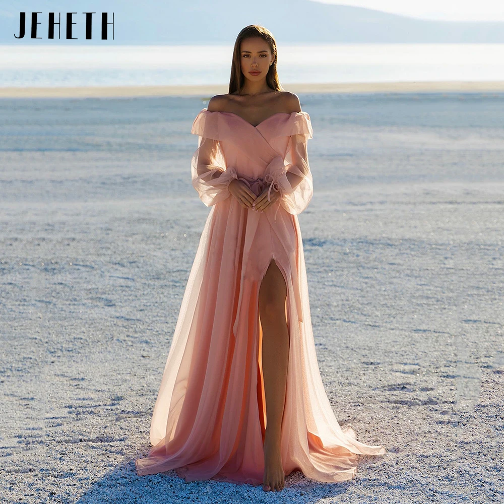 

JEHETH Pink Elegant Evening Dresses Long Puff Sleeve 2023 Side Slit A-Line Tulle Prom Party Gowns Floor Length vestidos de noche