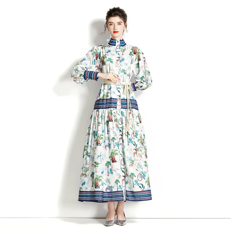 

Runway Designer Women's Maxi Dresses Autumn Stand Collar Lantern Sleeve Jungle Print Loose Lace Up Holiday Long Dress