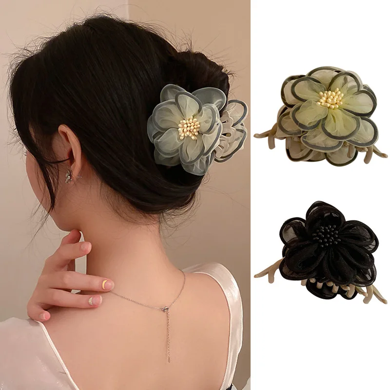 

Camellia Flower Soft Gauze Hair Claw Clips Hair Accessories Shark Clip Vintage Women Ponytail Clip Elegant Crab Hairpins 2022