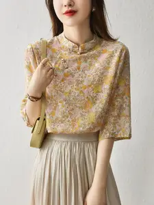 2023 new chinese style chiffon shirt women's short-sleeved summer women's qipao shirt printed loose women's style button top