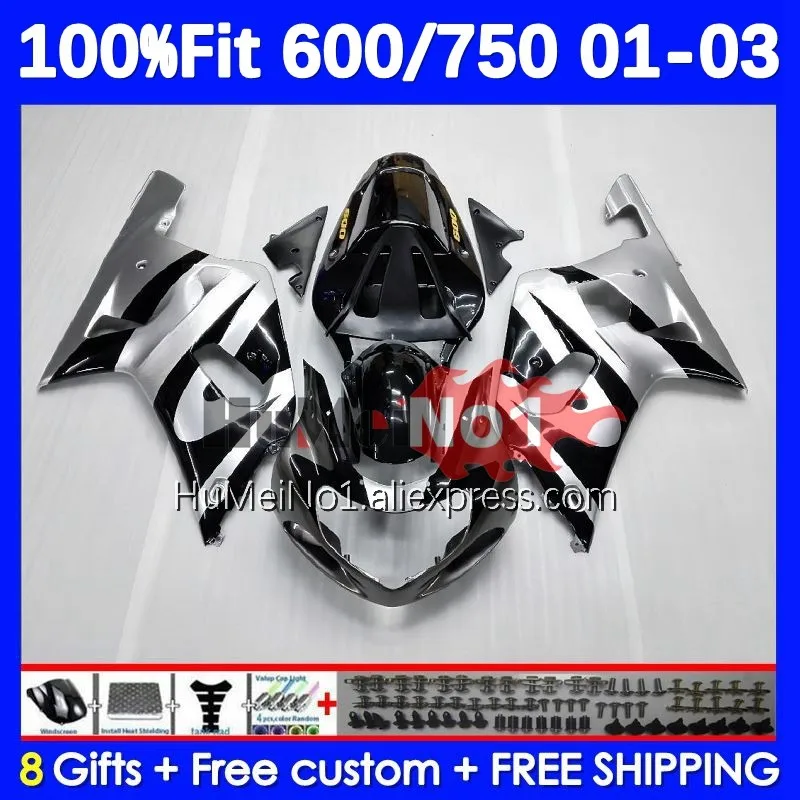 

OEM Body For SUZUKI GSXR 600 750 CC K1 GSXR600 14No.2 GSXR-600 GSXR750 01 02 03 2001 2002 2003 Injection Fairings Silvery blk