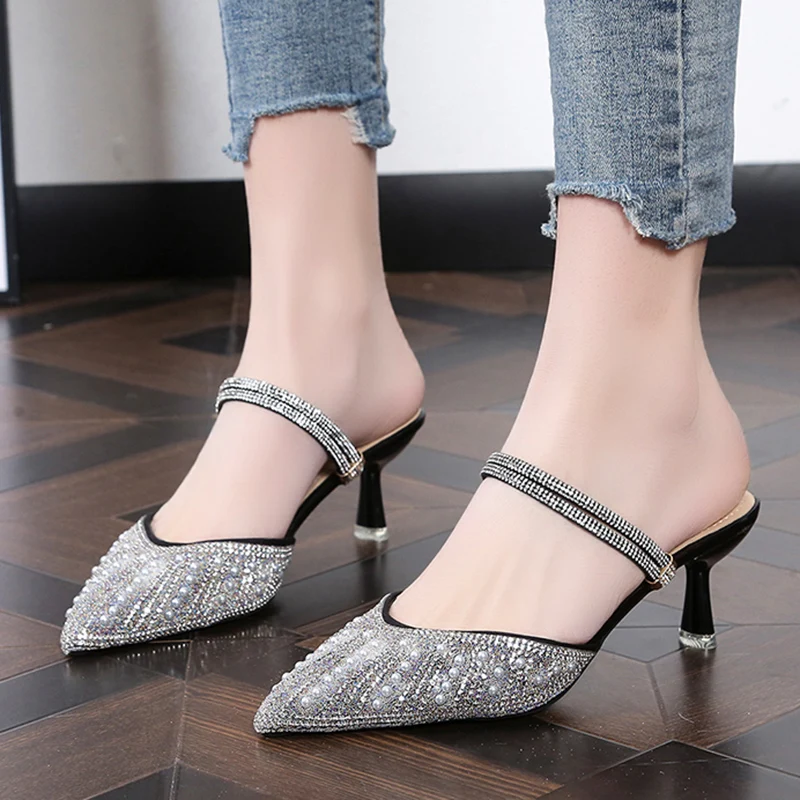 

Rimocy Bling Crystal Slingbacks Pumps Women Summer Sexy Pointed Toe Thin Heels Sandals Woman Pearl Ankle Strap High Heels Shoes