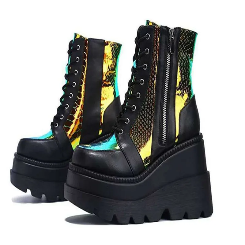 2022 Brand Ladies Fashion Punk Chain Platform Ankle Boots Cross Tied Zip Wedges High Heels Women Goth Street Shoes Woman | Обувь