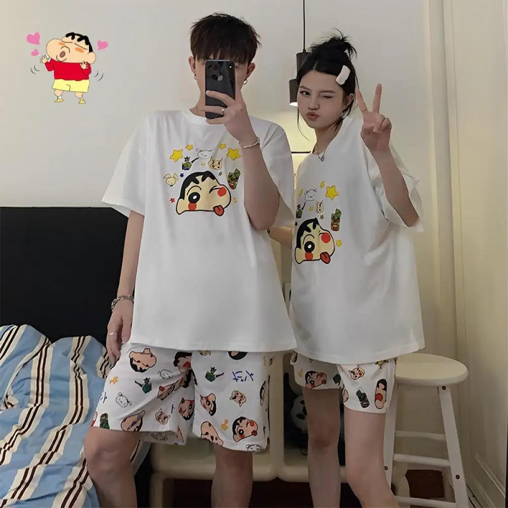 

Коллекция 2023 года, летняя пижама из чистого хлопка с принтом Crayon Shin-Chan с короткими рукавами для пары, симпатичная Женская домашняя одежда, комплект из двух предметов