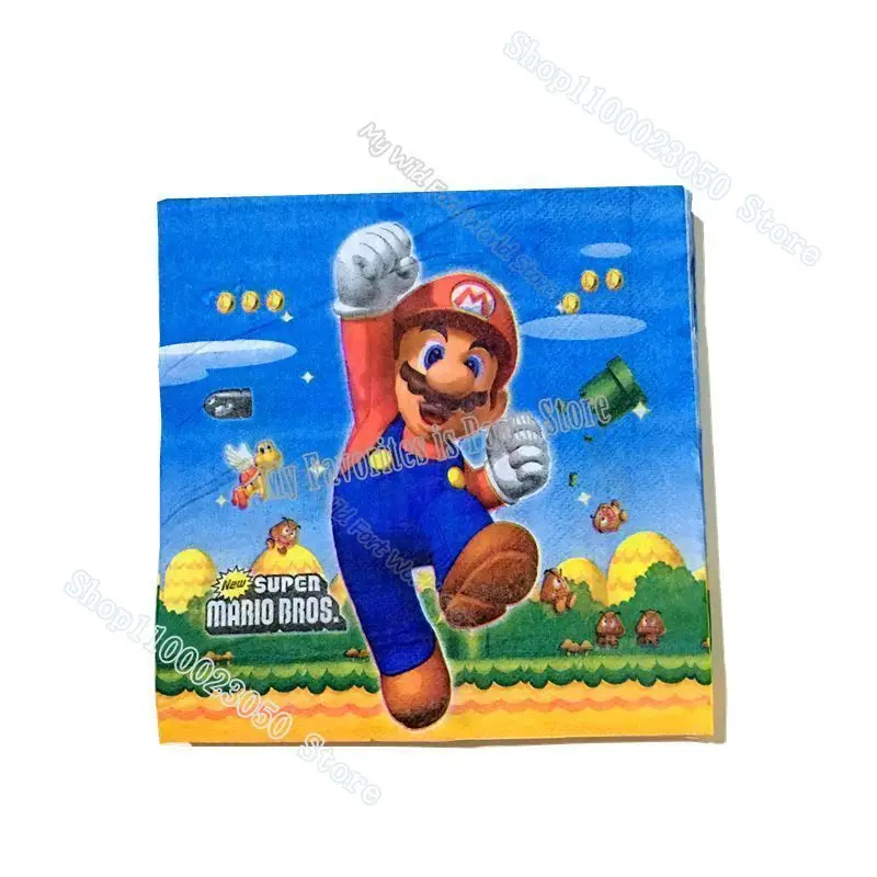 Партийные принадлежности Super Mario Bros: одноразовая посуда (тарелки, кружки), задник, баннер с надписью «С днем рождения», подарочная сумка, шары, украшение торта.