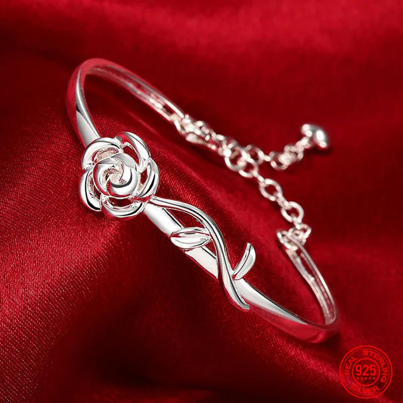 

925 Sterling Silver Rose Charm Bracelet Chain For Women Adjustable Bangle Wedding Jewelry Gifts
