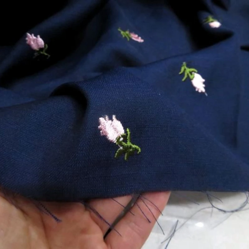 Polyster and Cotton Fabric Soft Pendant Navy Blue Background Pink Green Small Floral Embroidery Jacquard Semi-Cotton  Fabric