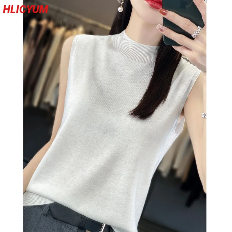 

Women's T-shirt Summer New Sweater Sleeveless Casual Knitwear Half High Collar Ladies Tops Blouse Overside Pullover Tees