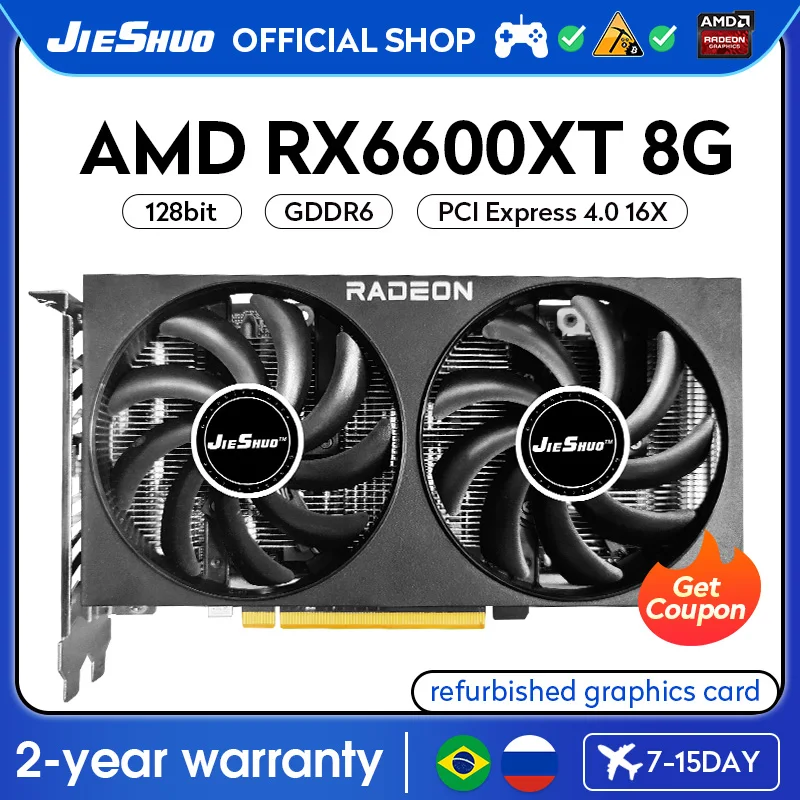 

JIESHUO AMD RX 6600XT 8GB Gaming Graphics Card GDDR6 2048 GPU PCI-E 4.0 128-bit RX6600XT 8G PC Desktop Video Office KAS RVN CFX